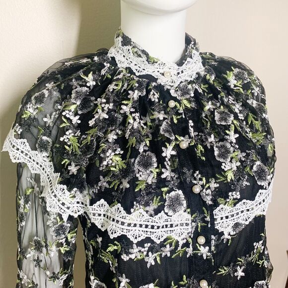 Sister Jane Prickle Organza Blouse XS Black Floral Long Sleeve Button Down Top - Picture 6 of 8